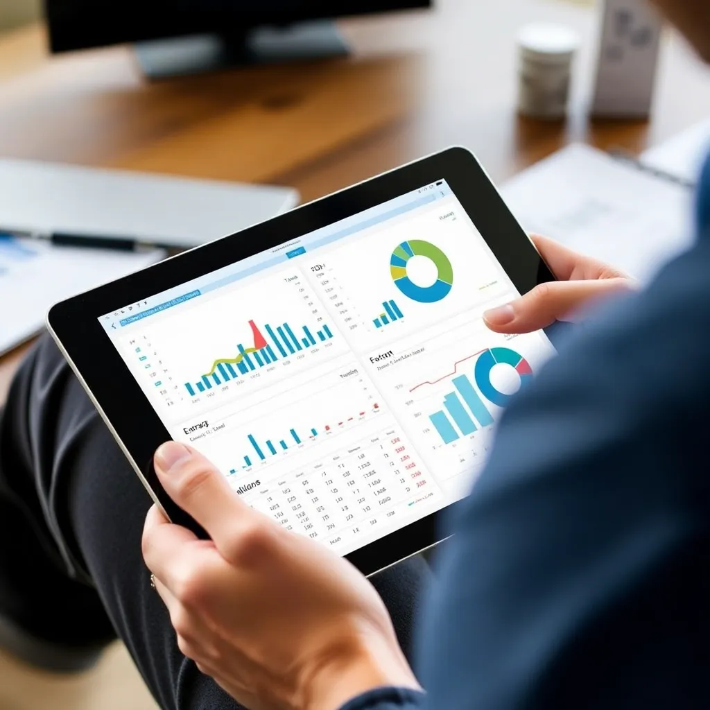 Osoba analyzujúca finančné grafy a tabuľky na tablete