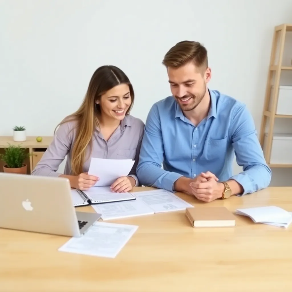 Mladý pár plánujúci svoje finančné ciele pri stole s notebookom a papiermi