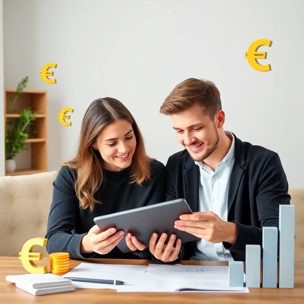 Mladý pár prezerá si finančný plán na tablete, obklopený grafmi a symbolmi eura